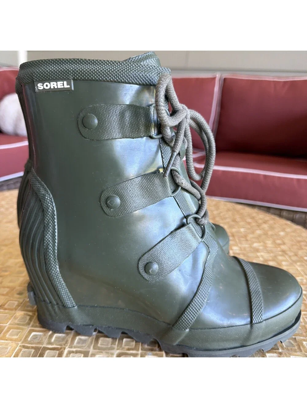 Sorel Womens Green Lace Up Wedge Heel Ankle Rain Boots Size US 8